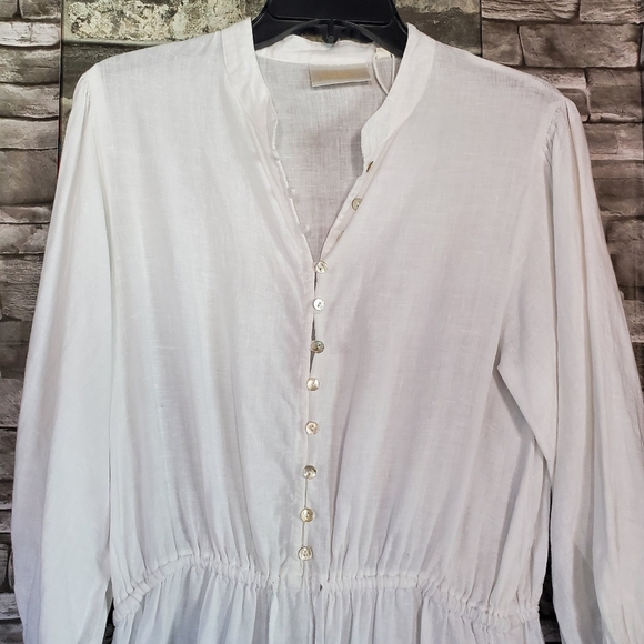 Aribella White Peasant Linen Midi Dress Bohemian Long Sleeves Front Button Mediu - Picture 2 of 10
